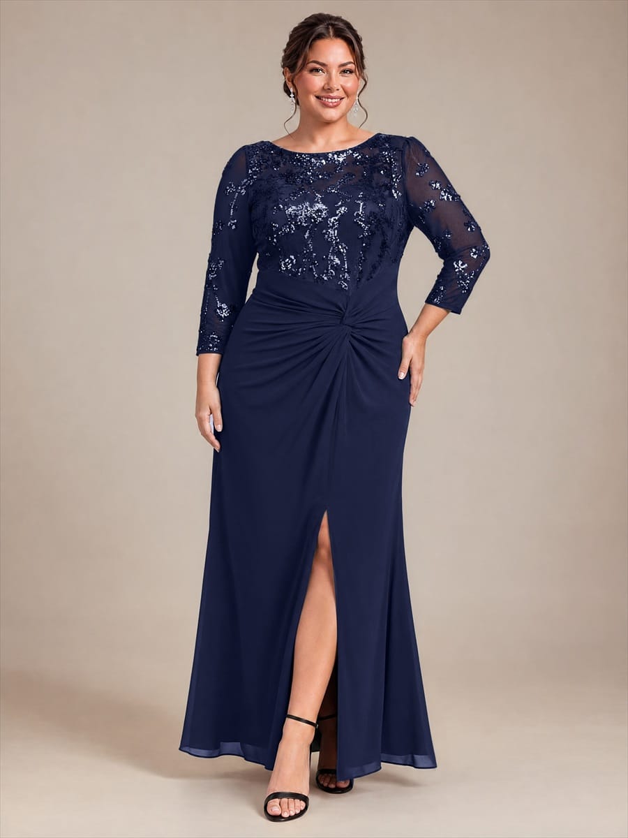 Sequin Bodice Twist Front Long Evening Dress