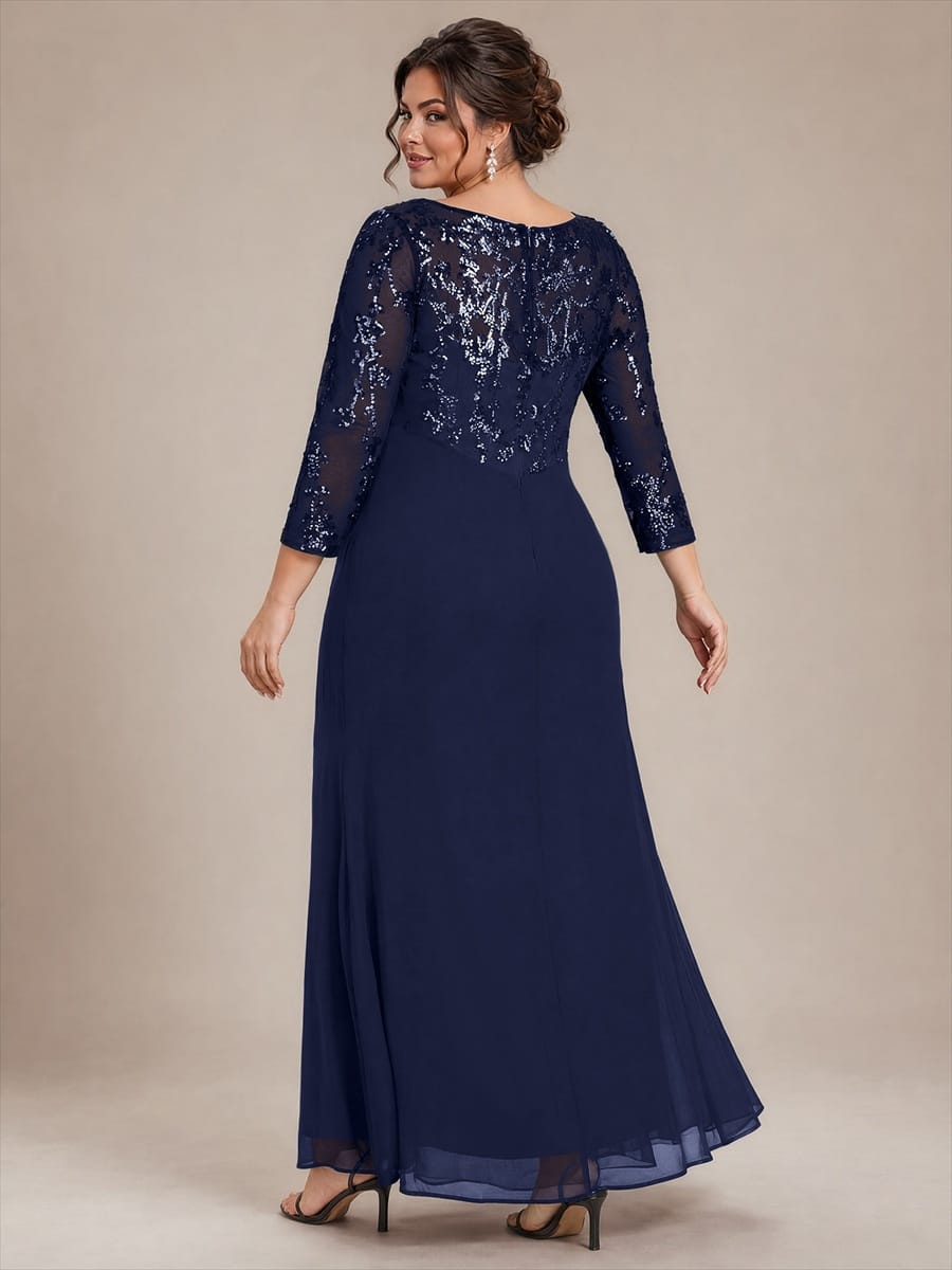 Sequin Bodice Twist Front Long Evening Dress