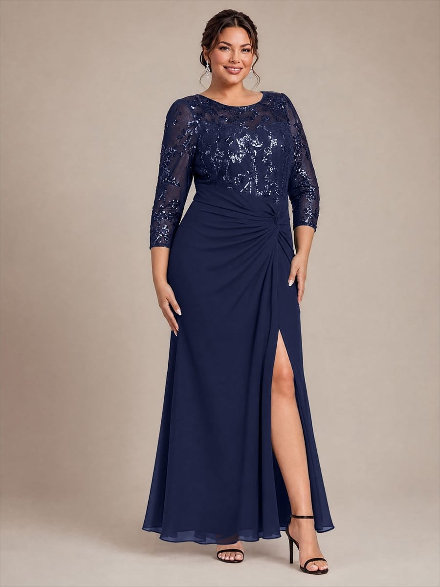 Sequin Bodice Twist Front Long Evening Dress
