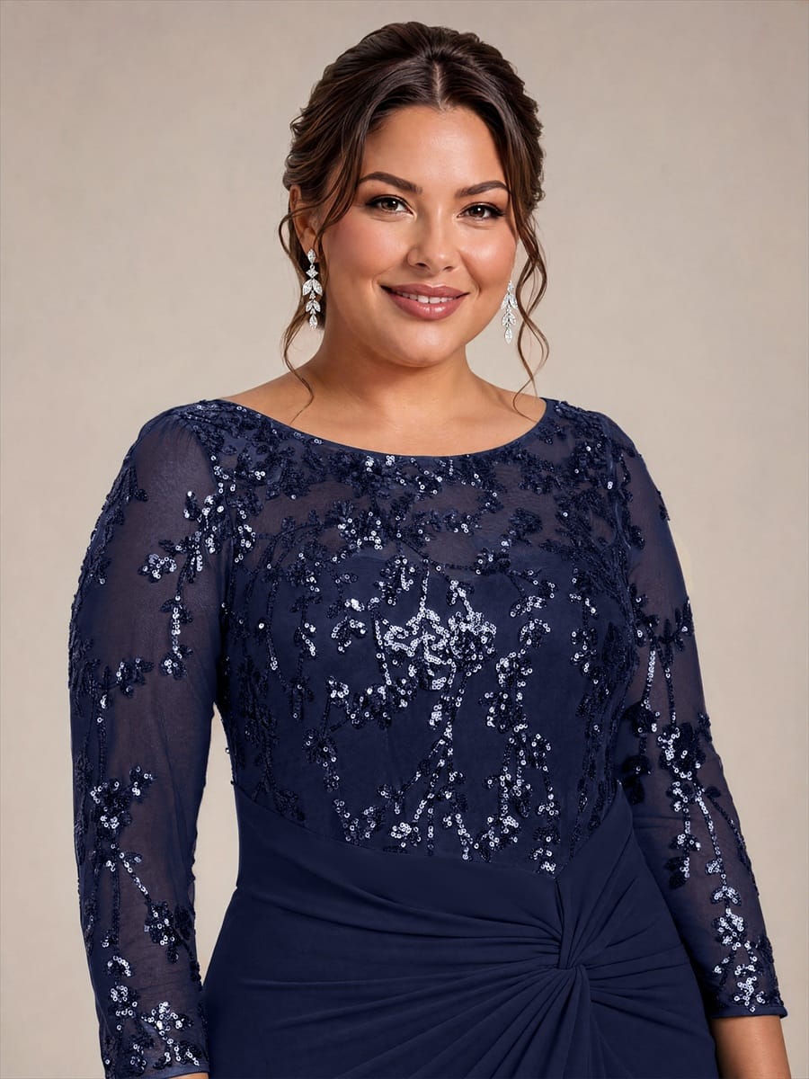 Sequin Bodice Twist Front Long Evening Dress