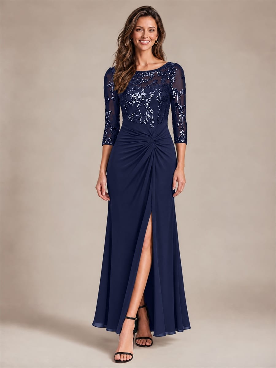Sequin Bodice Twist Front Long Evening Dress
