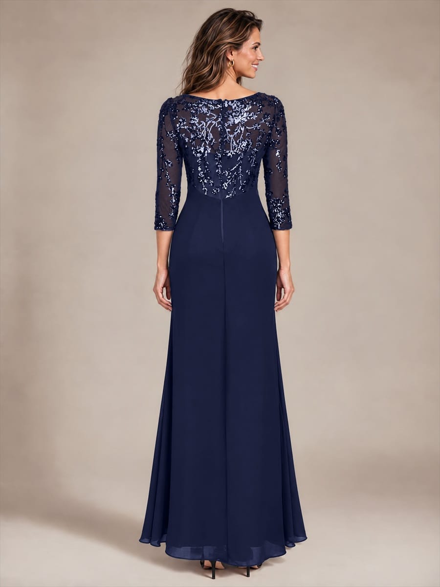 Sequin Bodice Twist Front Long Evening Dress
