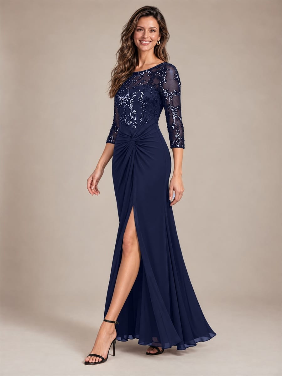 Sequin Bodice Twist Front Long Evening Dress
