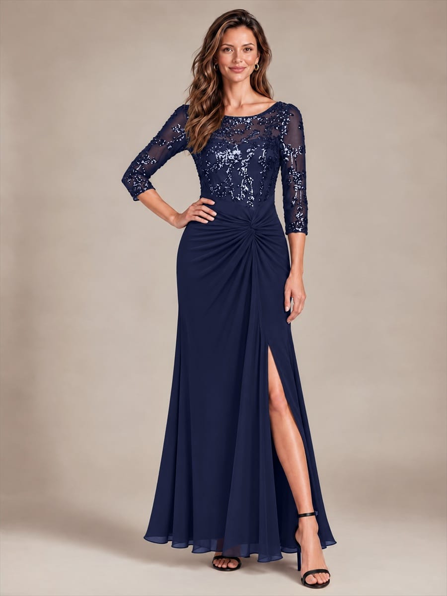 Sequin Bodice Twist Front Long Evening Dress
