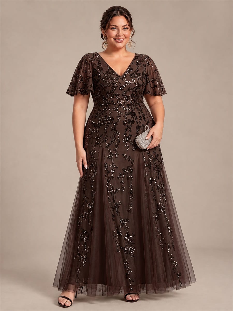 Embellished Ruffle Sleeve Maxi Evening Dress
