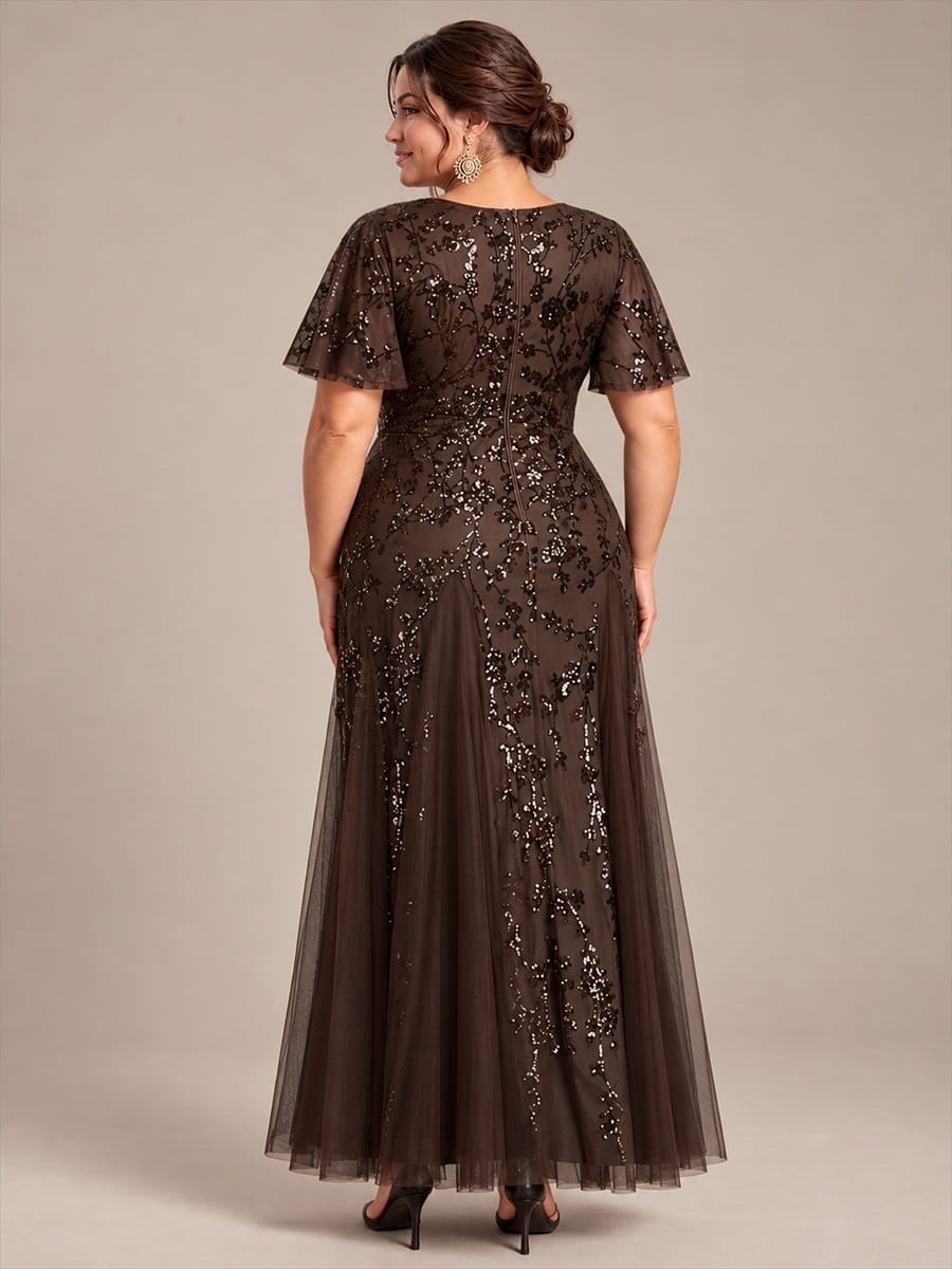 Embellished Ruffle Sleeve Maxi Evening Dress