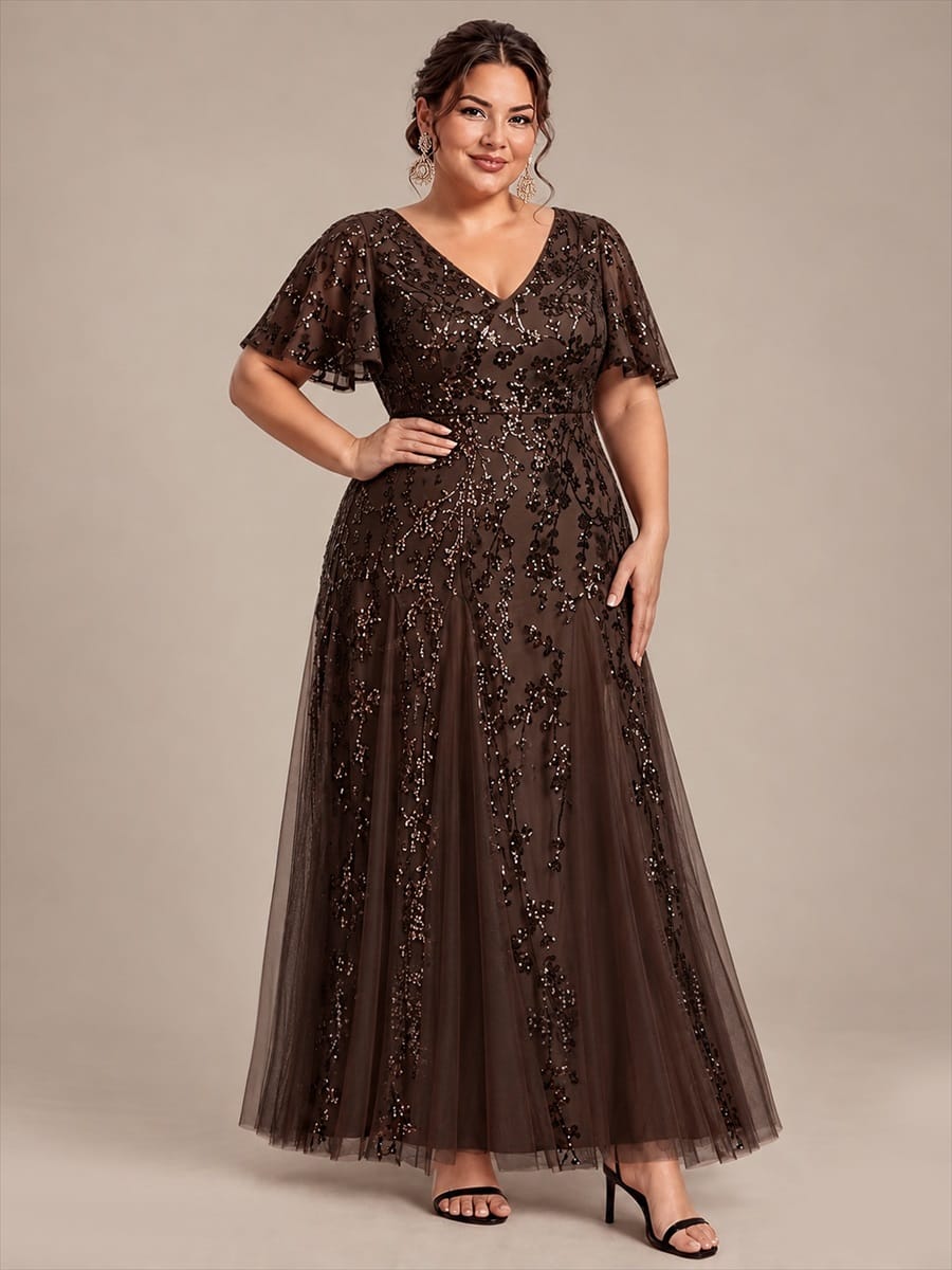 Embellished Ruffle Sleeve Maxi Evening Dress