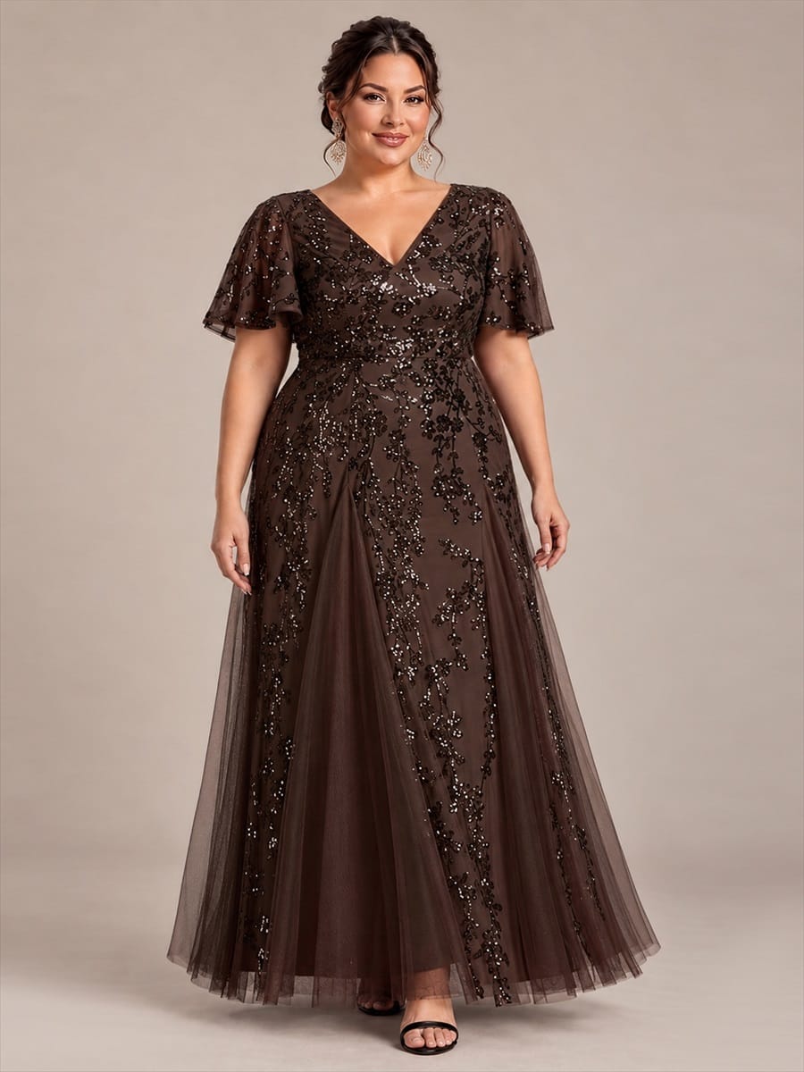Embellished Ruffle Sleeve Maxi Evening Dress