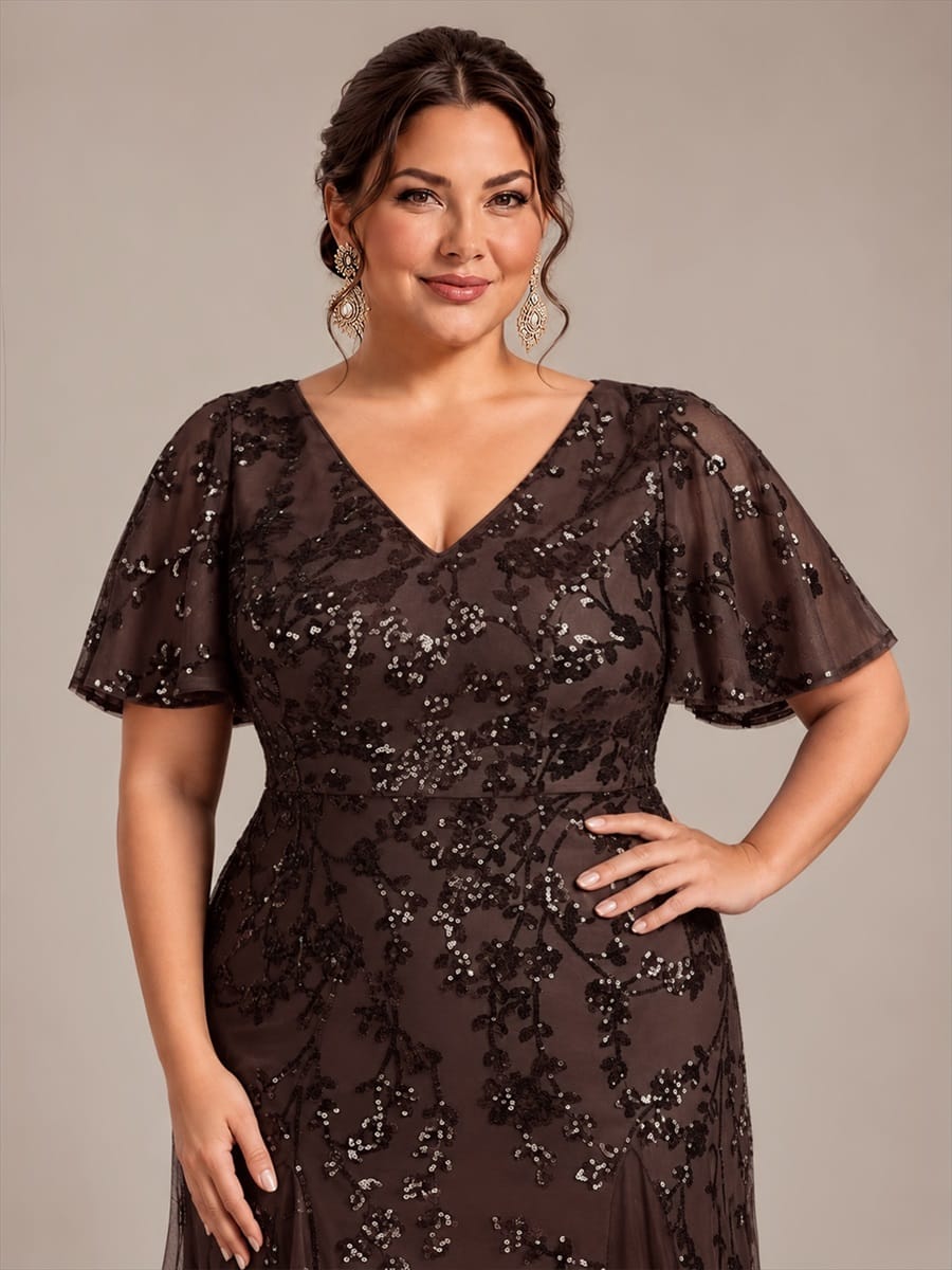 Embellished Ruffle Sleeve Maxi Evening Dress