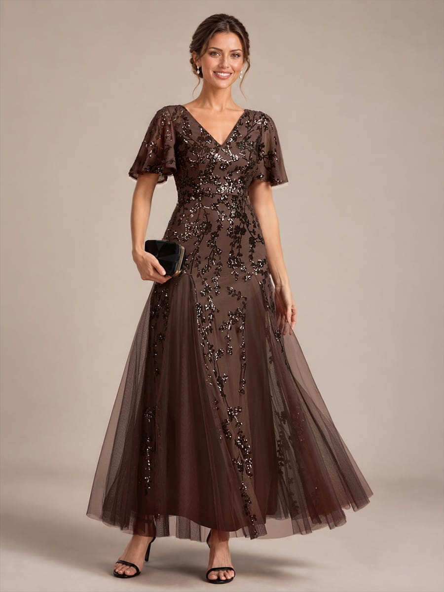 Embellished Ruffle Sleeve Maxi Evening Dress