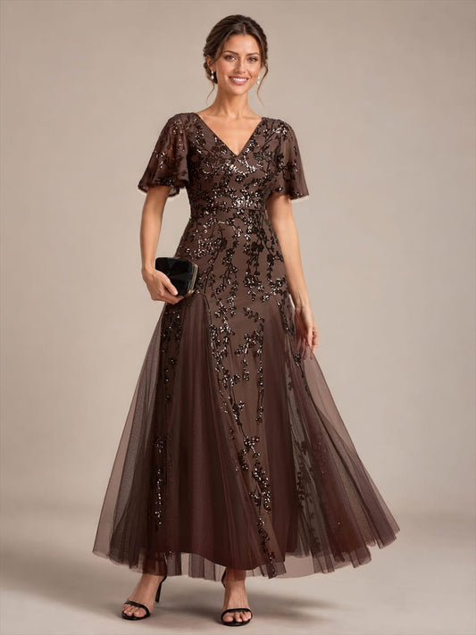 Embellished Ruffle Sleeve Maxi Evening Dress