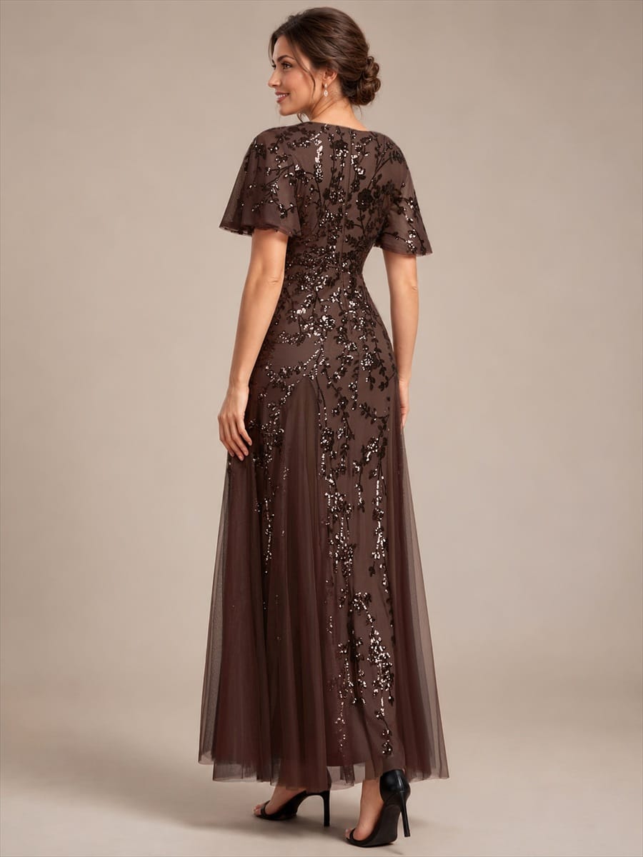 Embellished Ruffle Sleeve Maxi Evening Dress