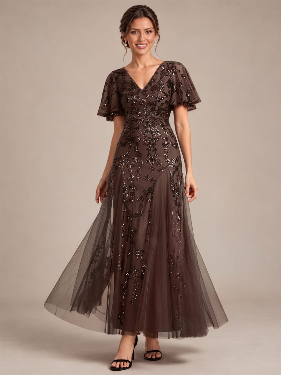 Embellished Ruffle Sleeve Maxi Evening Dress