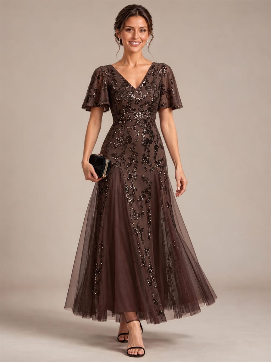 Embellished Ruffle Sleeve Maxi Evening Dress