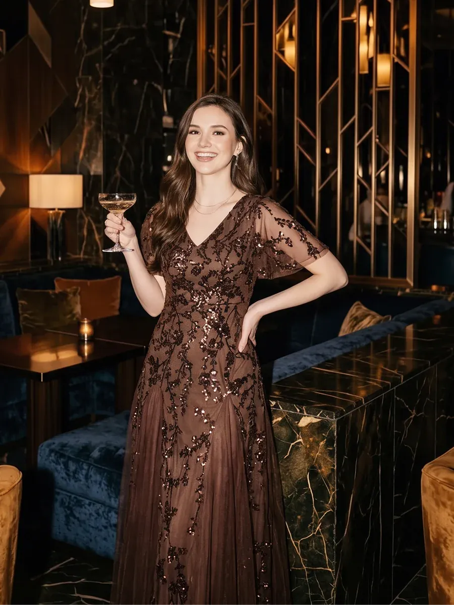 Embellished Ruffle Sleeve Maxi Evening Dress