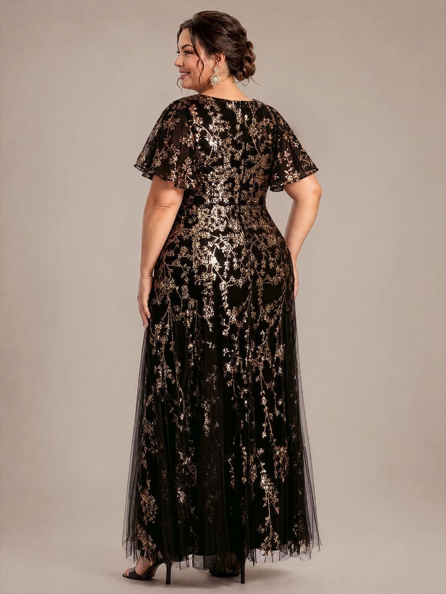 Embellished Ruffle Sleeve Maxi Evening Dress