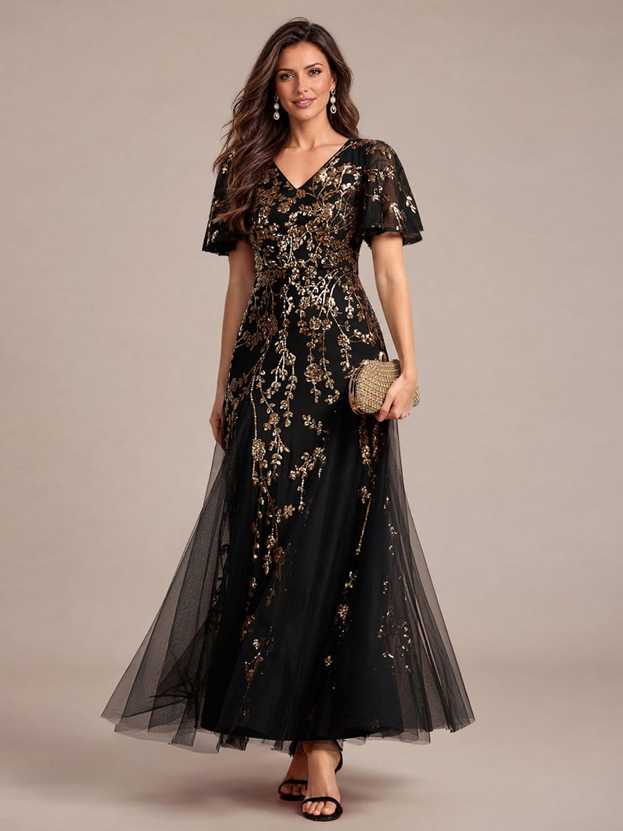 Embellished Ruffle Sleeve Maxi Evening Dress