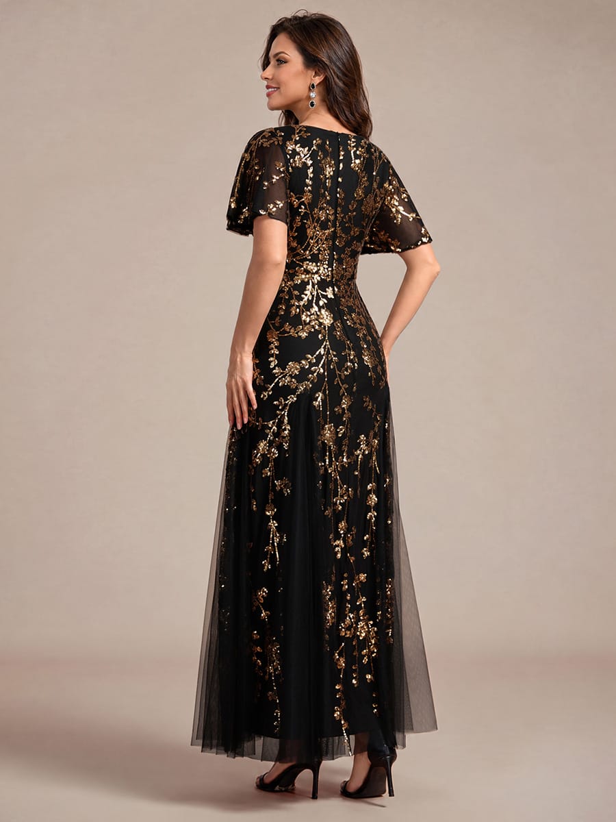 Embellished Ruffle Sleeve Maxi Evening Dress
