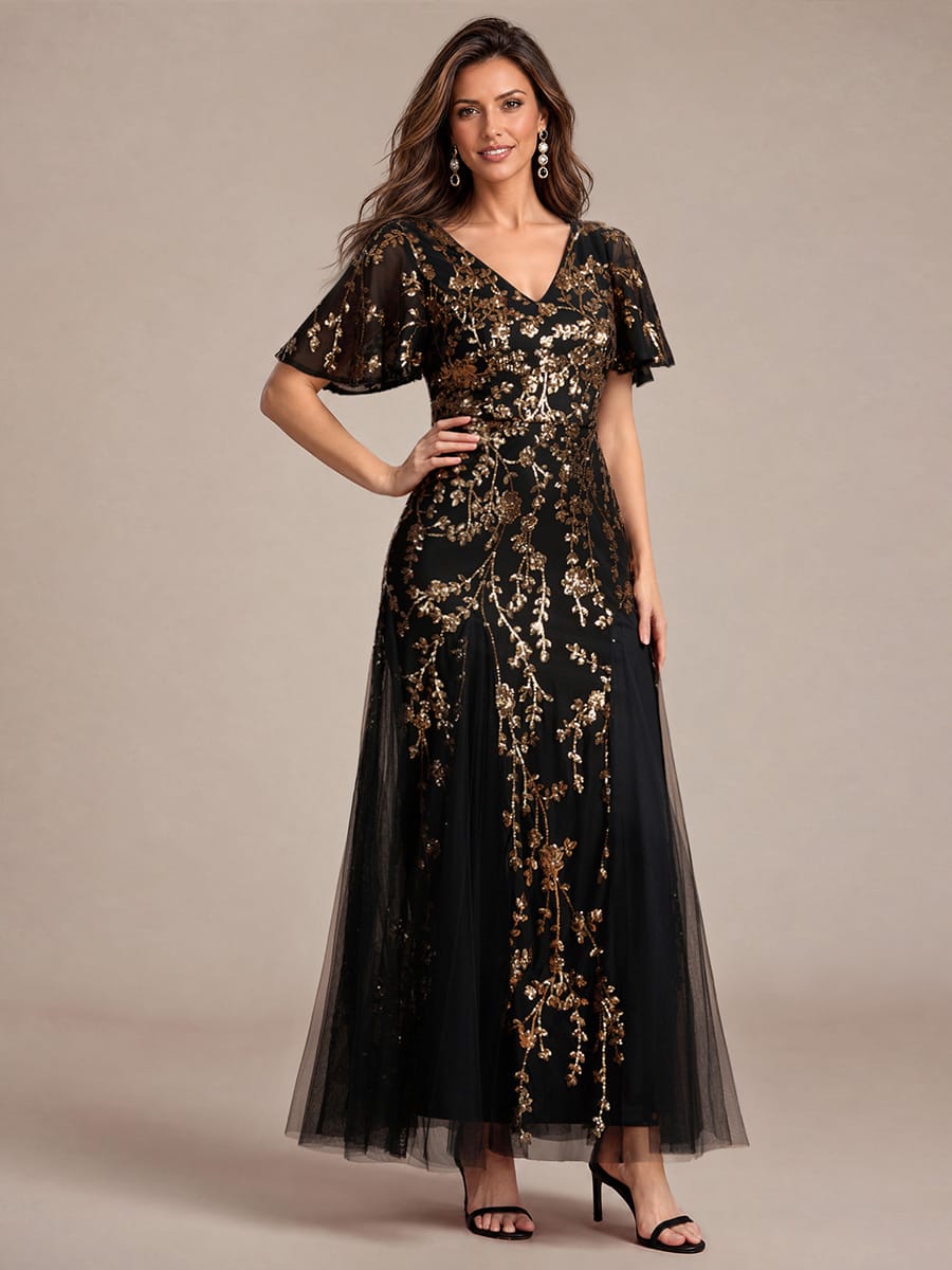 Embellished Ruffle Sleeve Maxi Evening Dress