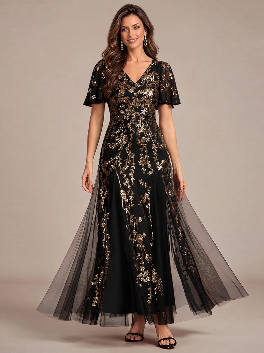 Embellished Ruffle Sleeve Maxi Evening Dress