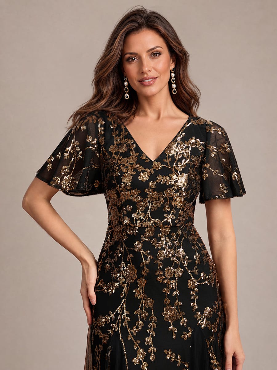 Embellished Ruffle Sleeve Maxi Evening Dress