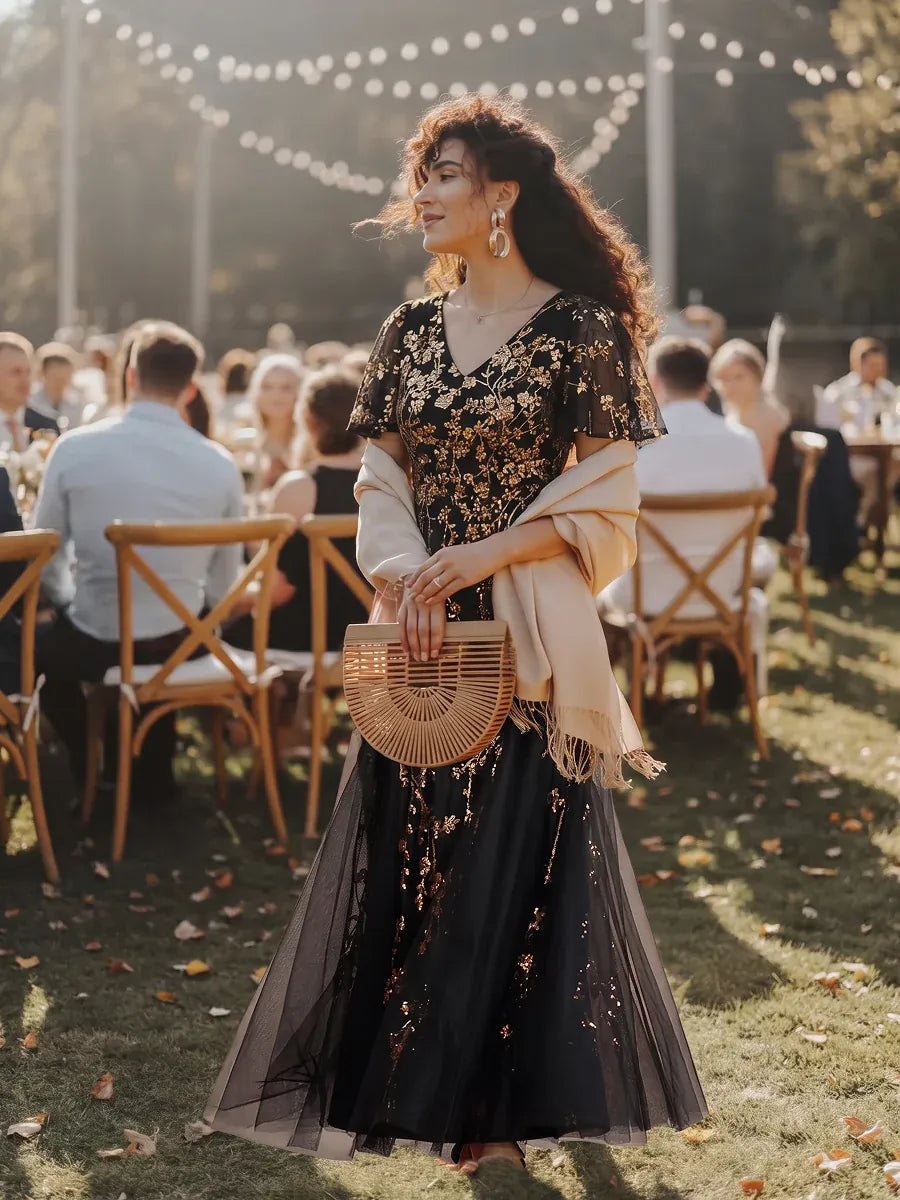 Embellished Ruffle Sleeve Maxi Evening Dress