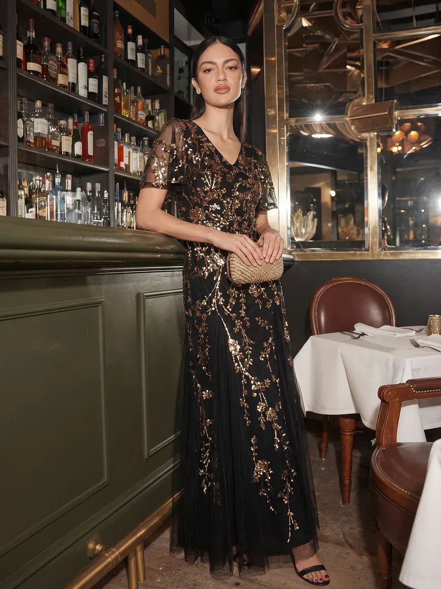 Embellished Ruffle Sleeve Maxi Evening Dress