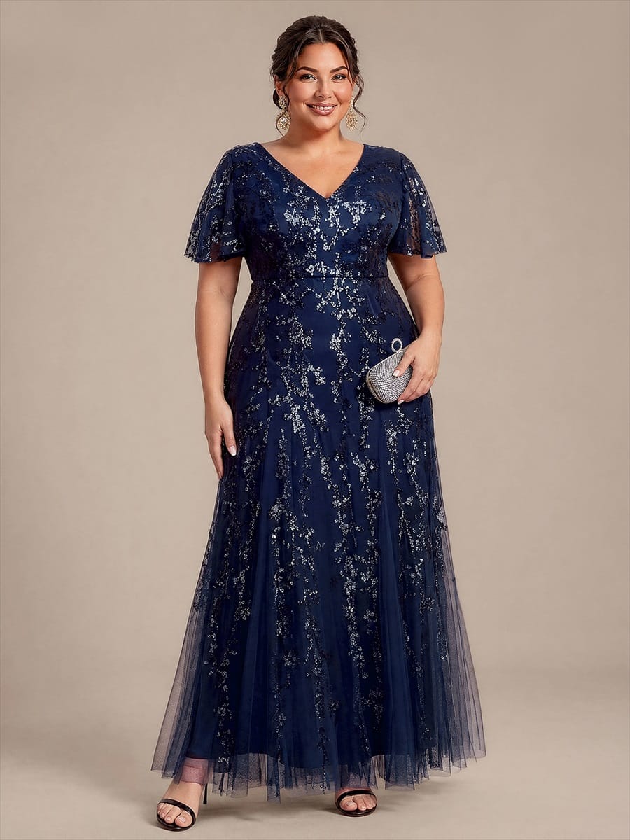 Embellished Ruffle Sleeve Maxi Evening Dress