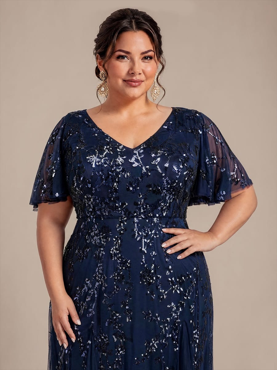 Embellished Ruffle Sleeve Maxi Evening Dress