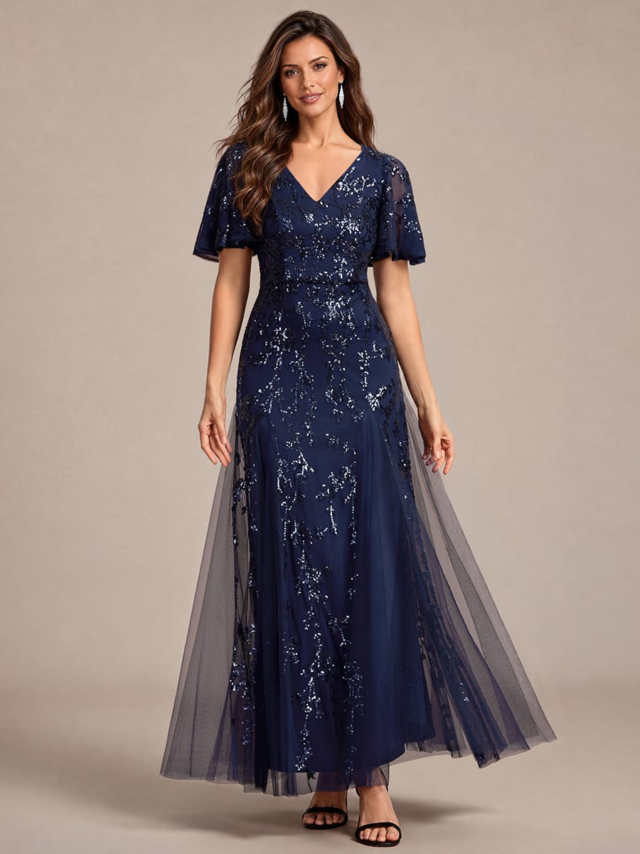 Embellished Ruffle Sleeve Maxi Evening Dress