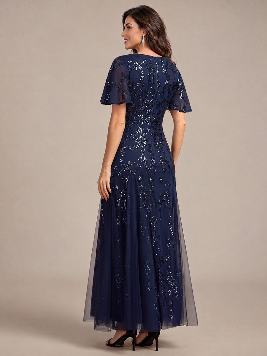 Embellished Ruffle Sleeve Maxi Evening Dress