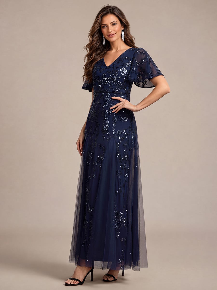 Embellished Ruffle Sleeve Maxi Evening Dress