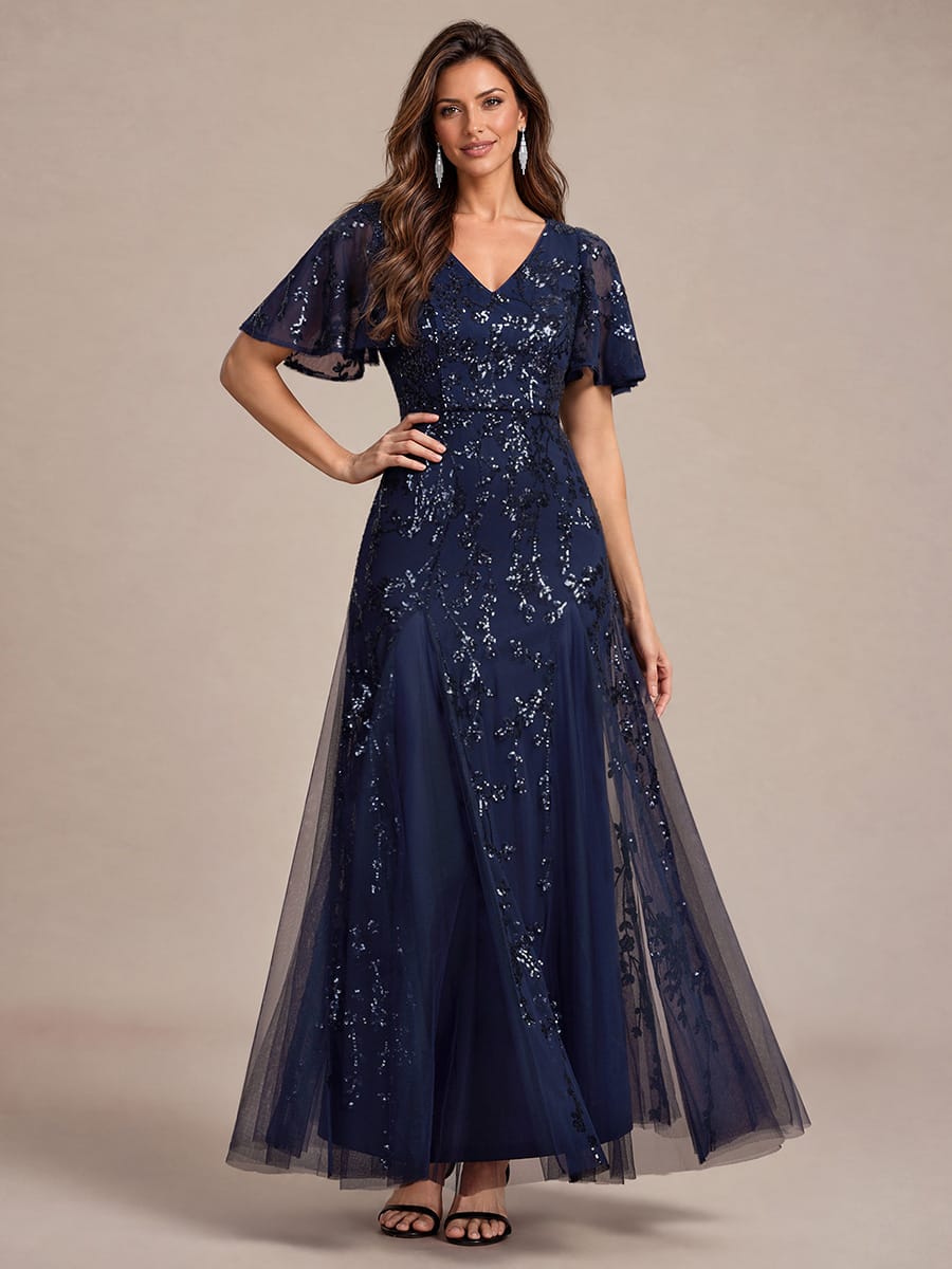 Embellished Ruffle Sleeve Maxi Evening Dress