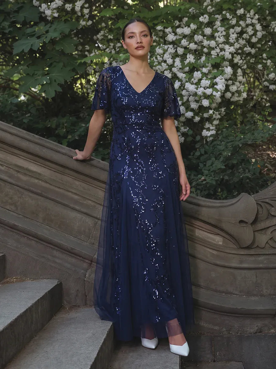 Embellished Ruffle Sleeve Maxi Evening Dress