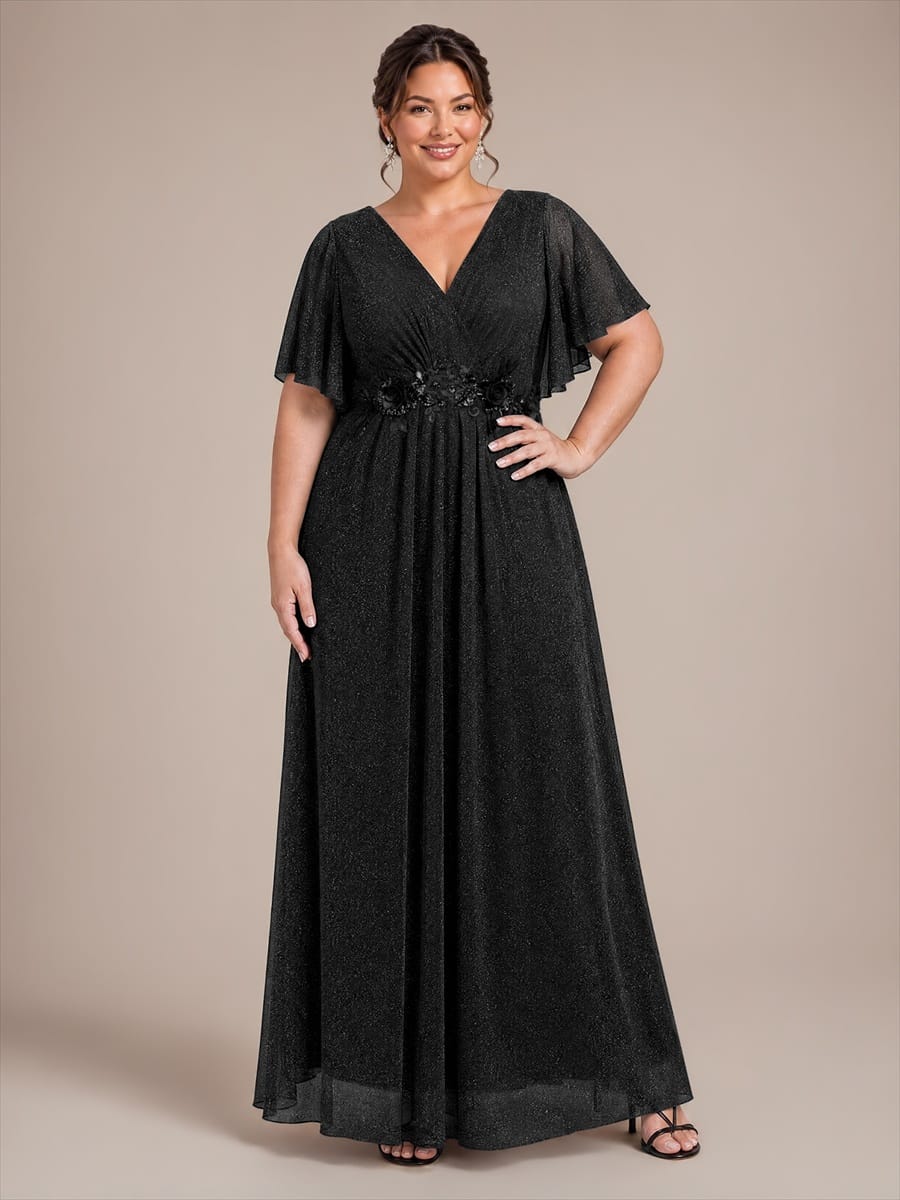 Pleated Lurex Mesh Ruffle Sleeve Evening Dress