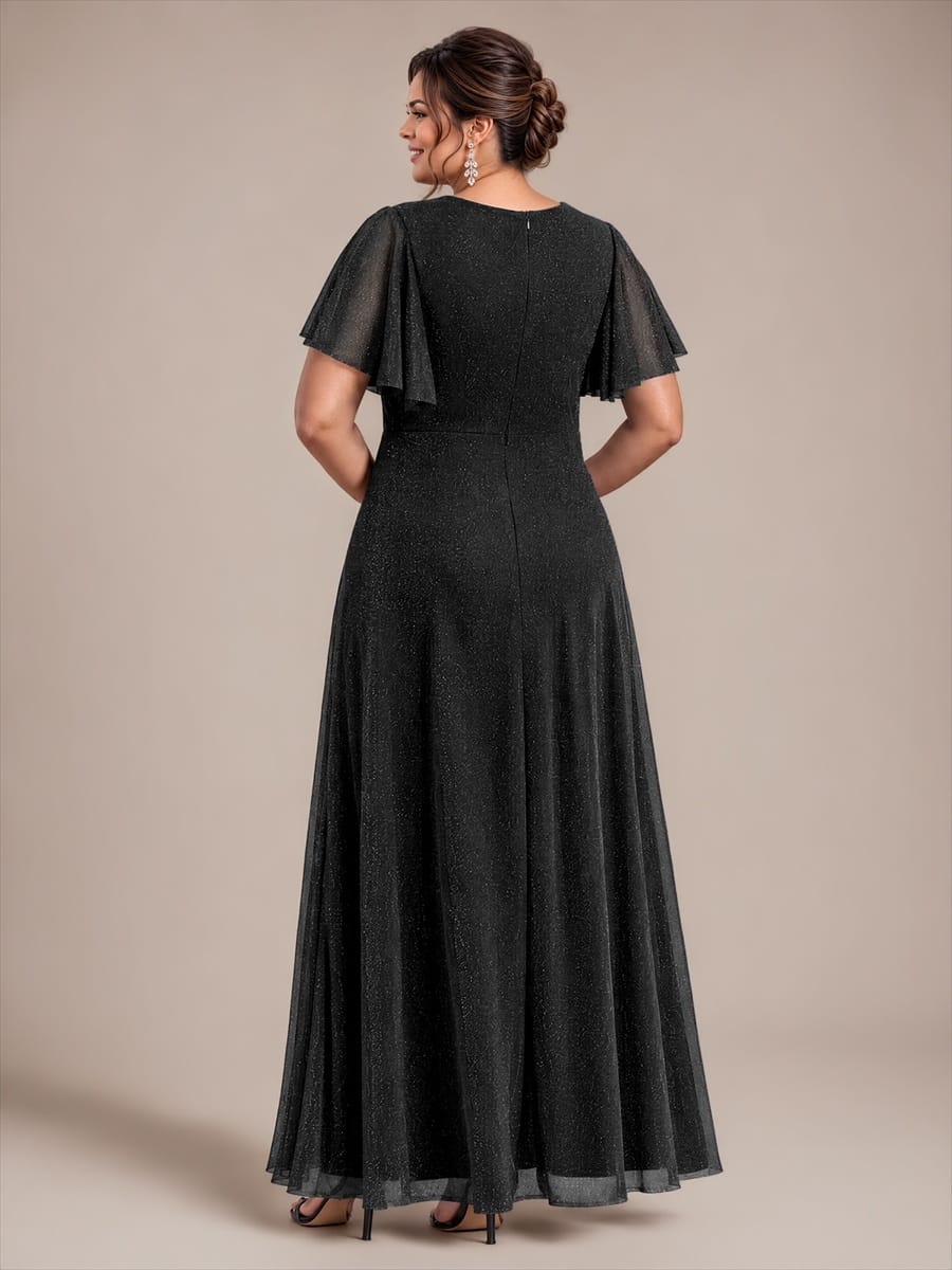 Pleated Lurex Mesh Ruffle Sleeve Evening Dress