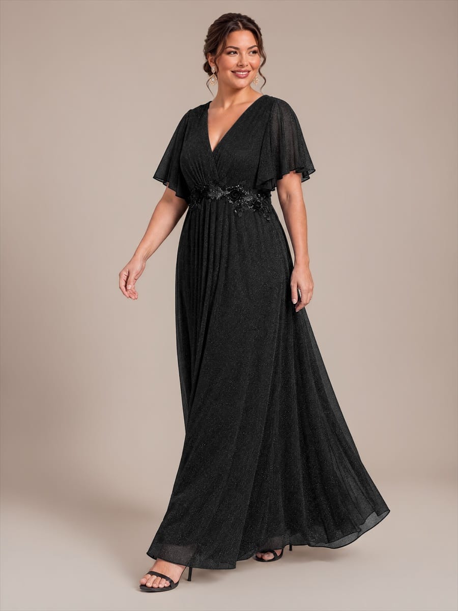 Pleated Lurex Mesh Ruffle Sleeve Evening Dress