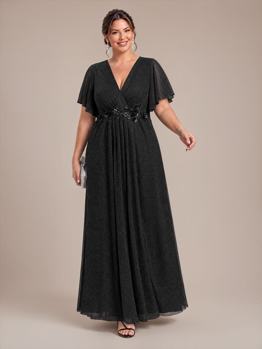 Pleated Lurex Mesh Ruffle Sleeve Evening Dress