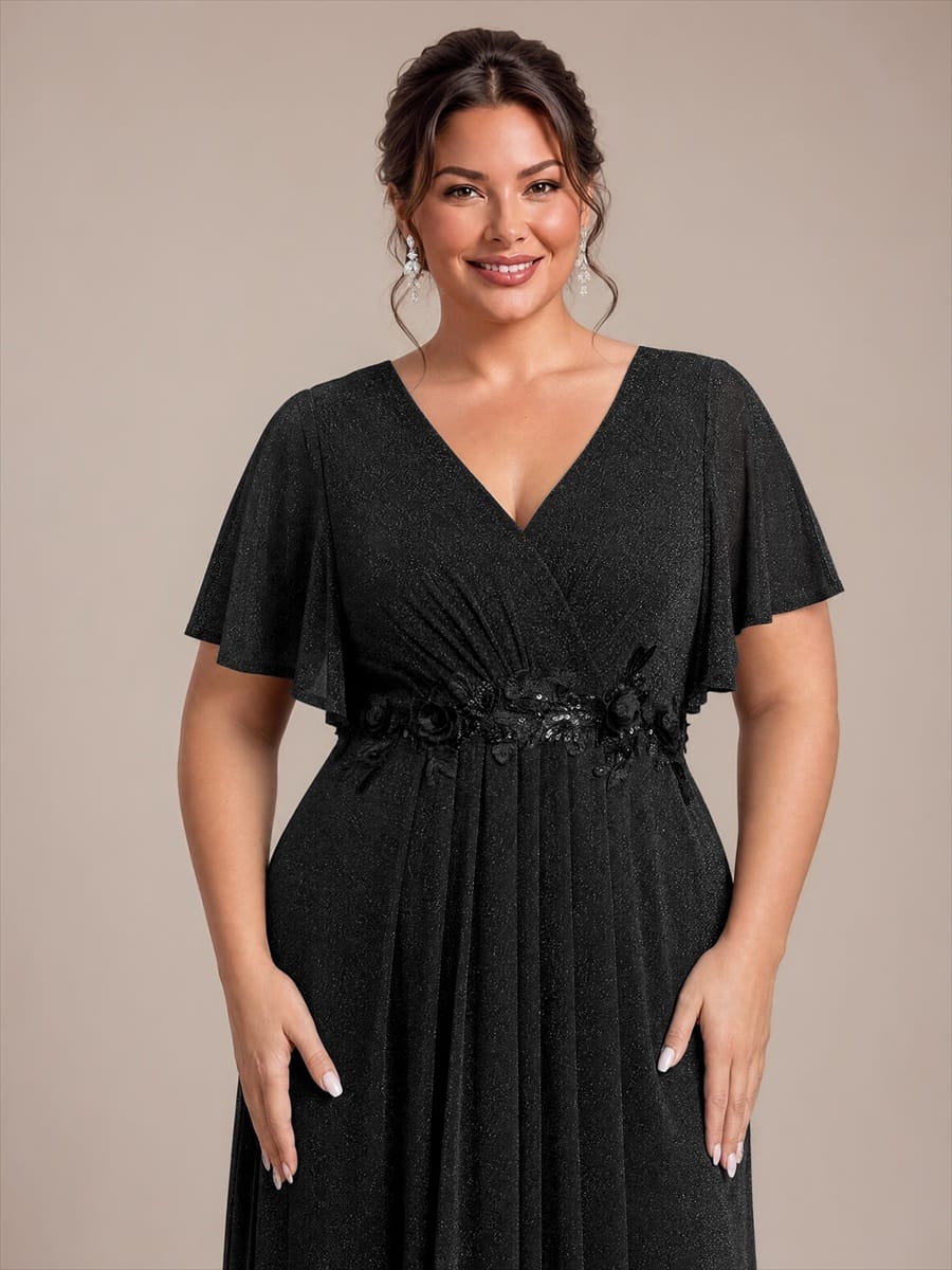 Pleated Lurex Mesh Ruffle Sleeve Evening Dress