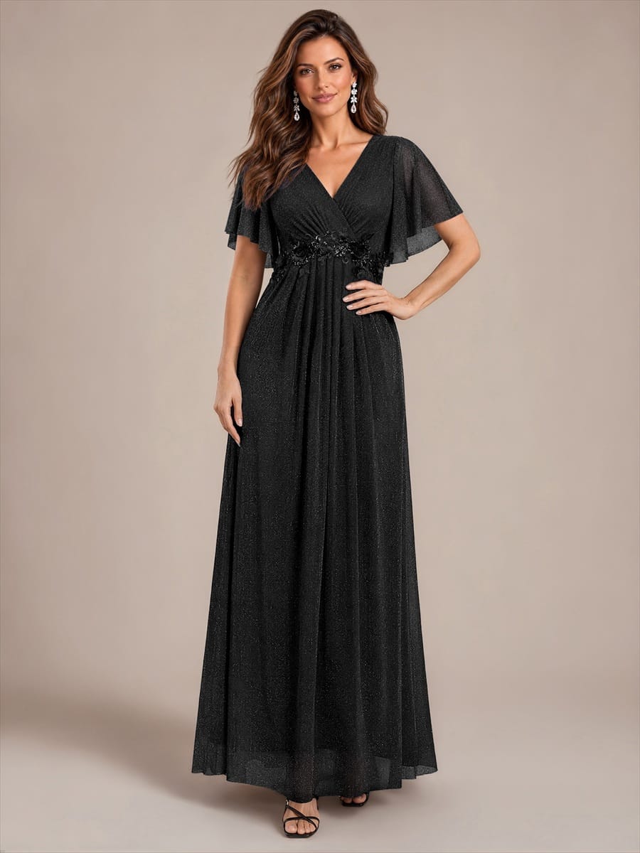 Pleated Lurex Mesh Ruffle Sleeve Evening Dress