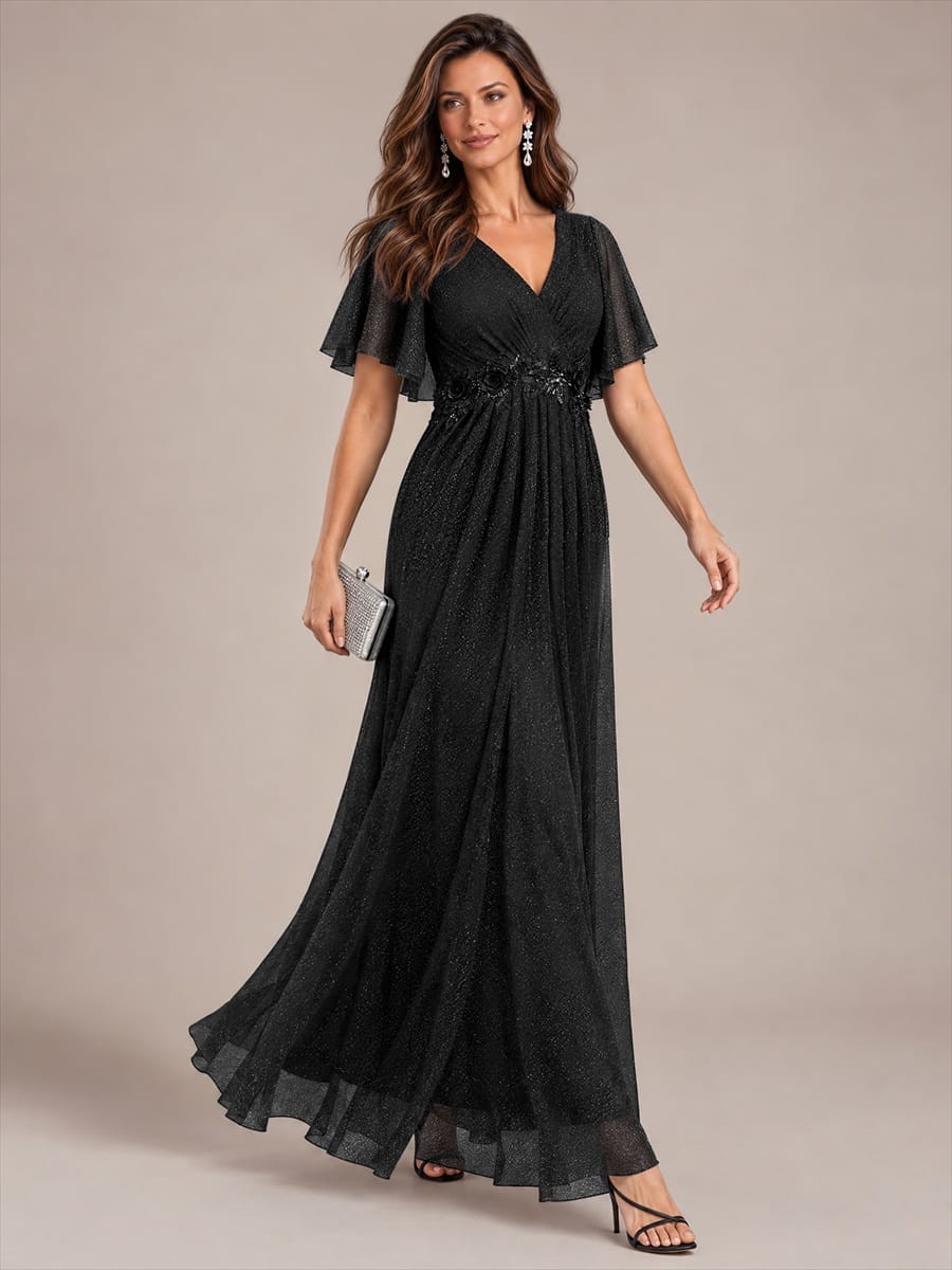 Pleated Lurex Mesh Ruffle Sleeve Evening Dress