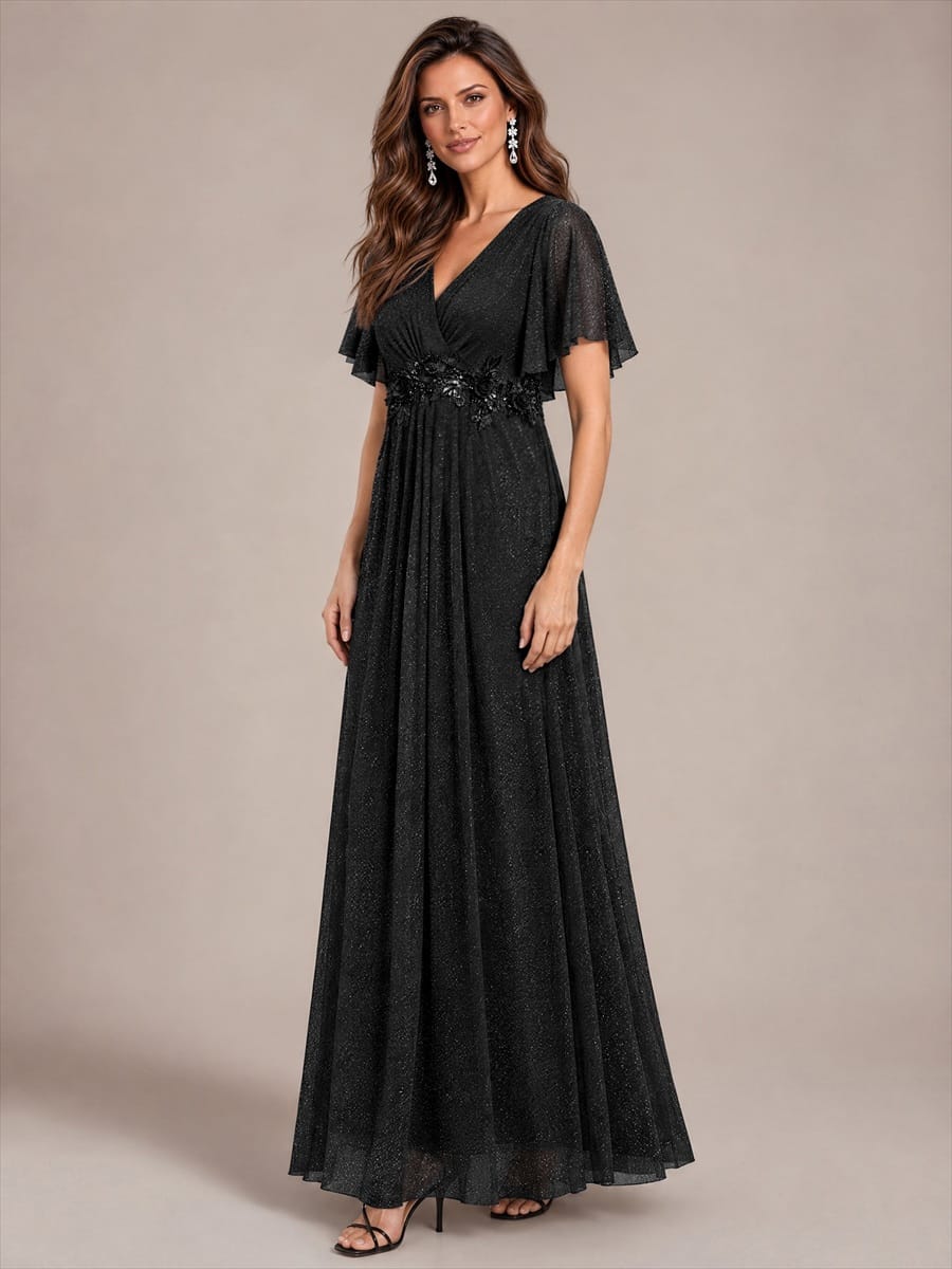 Pleated Lurex Mesh Ruffle Sleeve Evening Dress