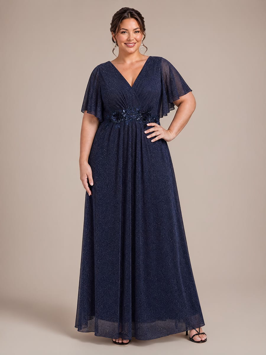 Pleated Lurex Mesh Ruffle Sleeve Evening Dress