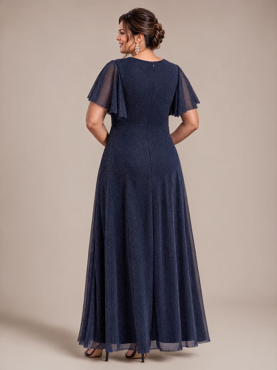 Pleated Lurex Mesh Ruffle Sleeve Evening Dress