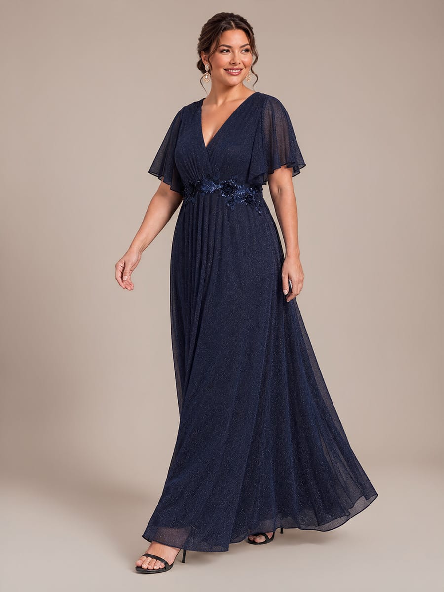 Pleated Lurex Mesh Ruffle Sleeve Evening Dress