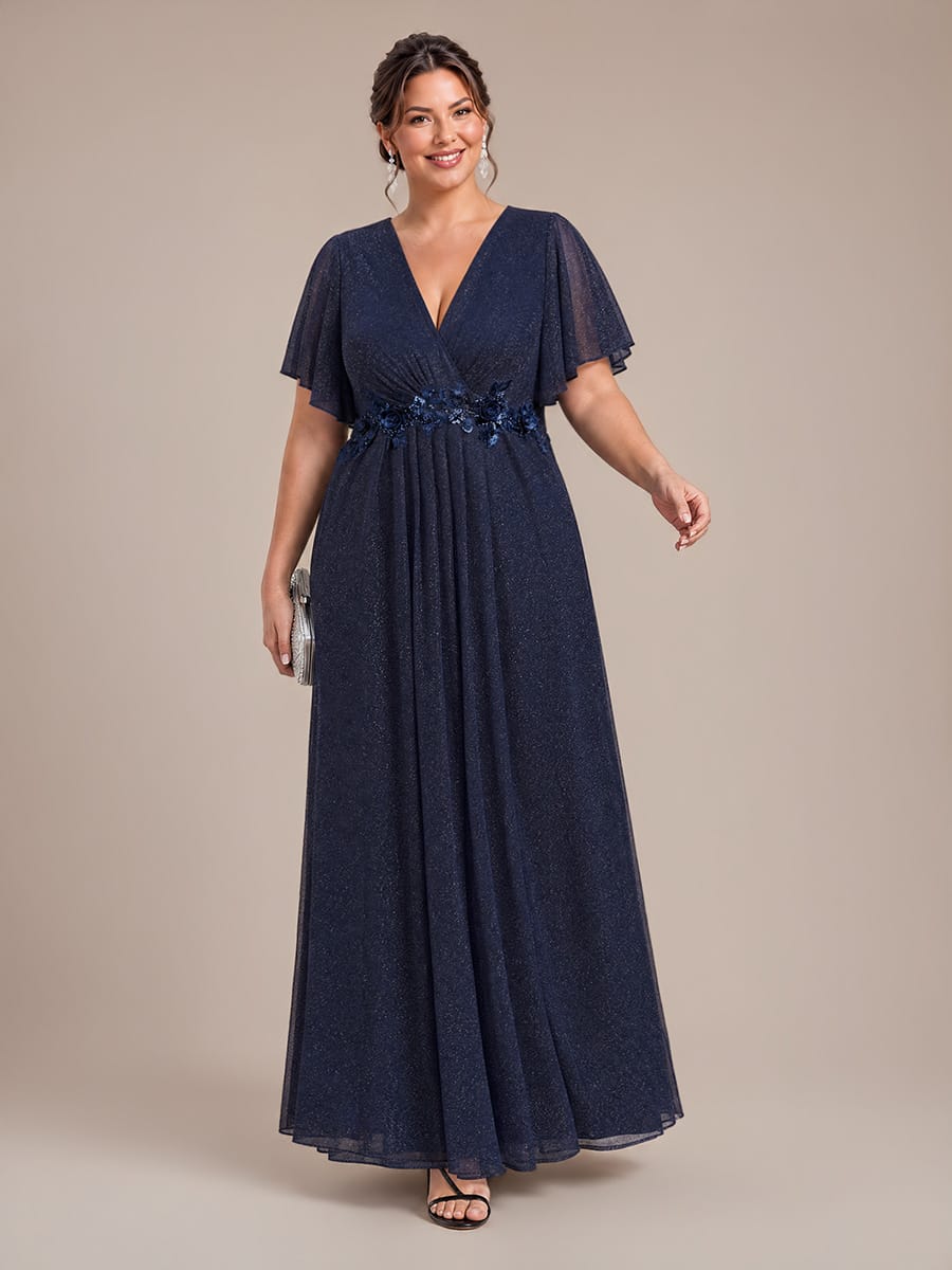 Pleated Lurex Mesh Ruffle Sleeve Evening Dress