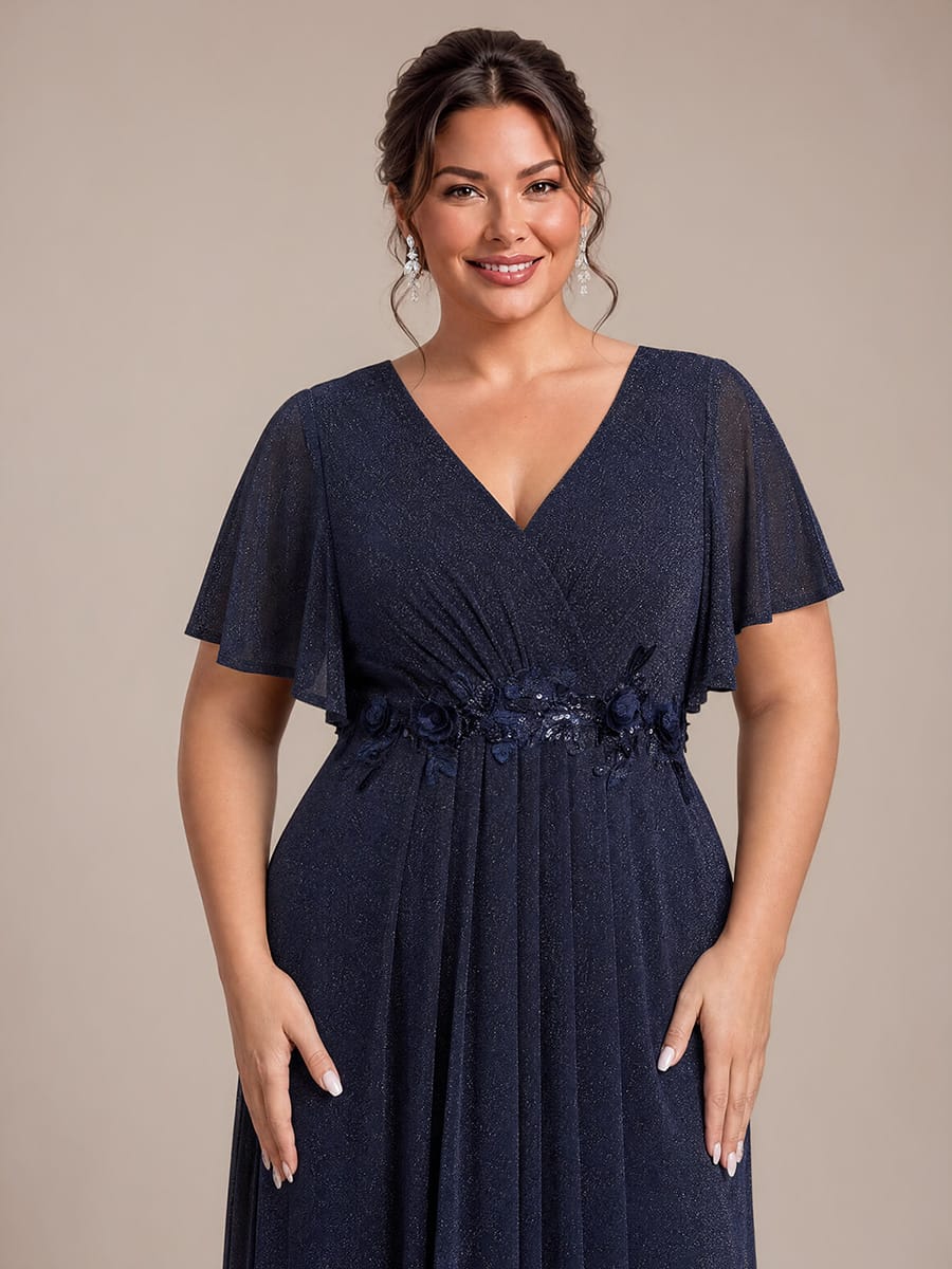 Pleated Lurex Mesh Ruffle Sleeve Evening Dress