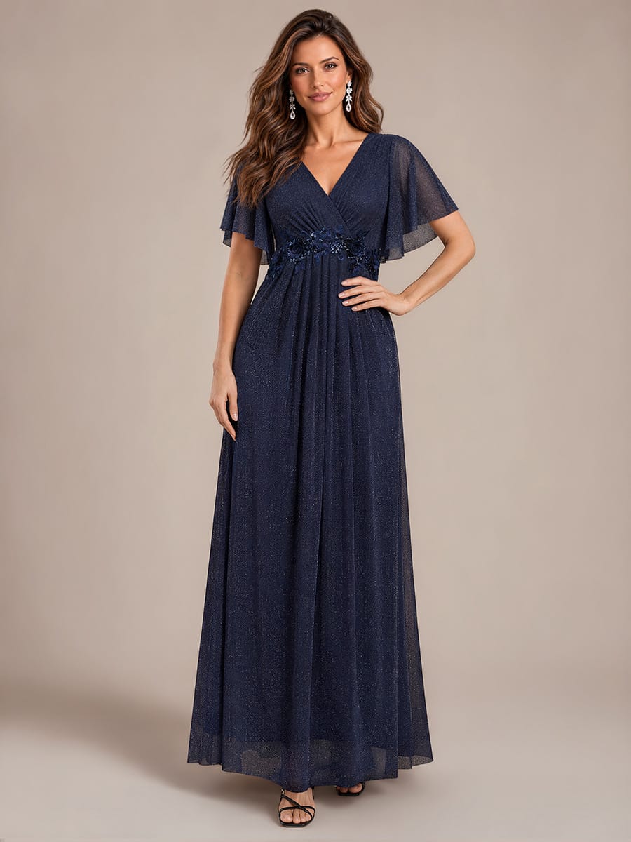 Pleated Lurex Mesh Ruffle Sleeve Evening Dress