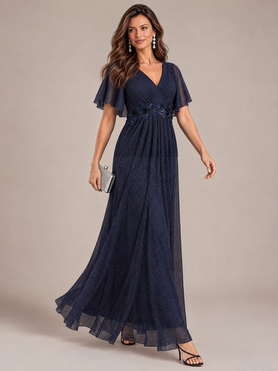 Pleated Lurex Mesh Ruffle Sleeve Evening Dress