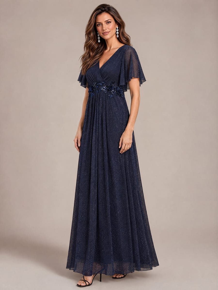 Pleated Lurex Mesh Ruffle Sleeve Evening Dress